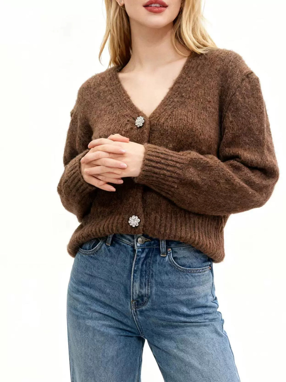 ZARA Vintage Knit Cardigan V Neck Solid Color Women Long Sleeve Fall Winter
